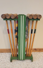 Vintage Wood Croquet Set Stand 6 Mallets Wooden Balls Wickets Stakes Rustic