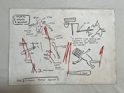 BASQUIAT drawing and painting on old paper signed stamped vintage