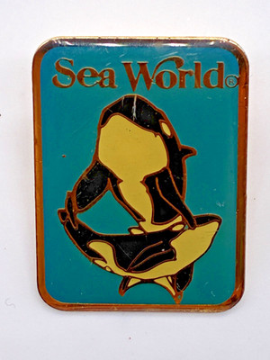 Vintage Sea World Freizeitpark Pin Anstecker Shamu + Kalina Killerwal Orca 1980er