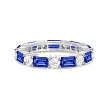 Blue Sapphire Emerald Cut Eternity Band Ring 5x3mm 925 Silver Rhodium Plated