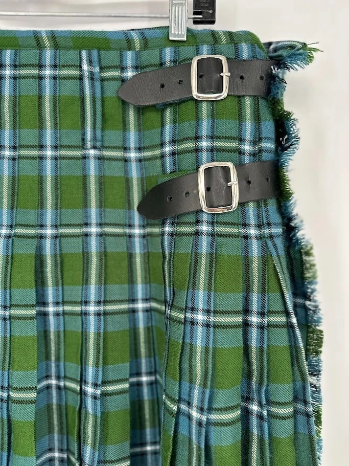 Escocés Diseño Tartanes Cuadros Triple Hebilla Lana Kilt Hombre’s 36 Azul Verde Flecos Foto 2 de 4