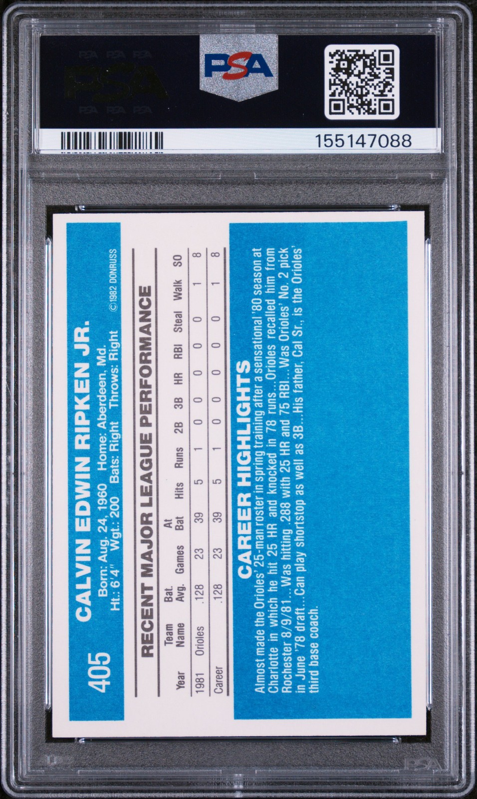 1982 DONRUSS #405 CAL RIPKEN JR. ROOKIE RC PSA 9 view 2