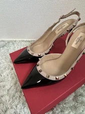 VALENTINO Ankle Strap Enamel Pumps Heels Mules Black Beige Studs Women's EU38.5