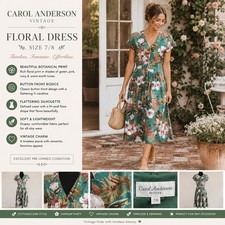 Carol Anderson Vintage Dress 7/8 Green Floral Button Front Tea Dress Cottage