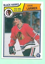 (1) STEVE LARMER 1983-84 O-PEE-CHEE # 105 BLACK HAWKS ROOKIE EX-MT CARD (N0773). rookie card picture