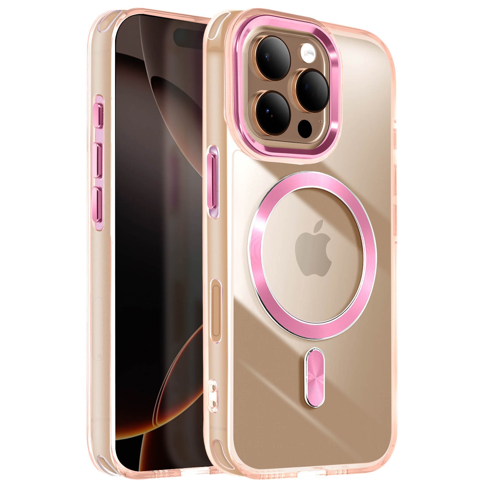 Coque de luxe iPhone 16 Pro finition Rose Champagne Cristal