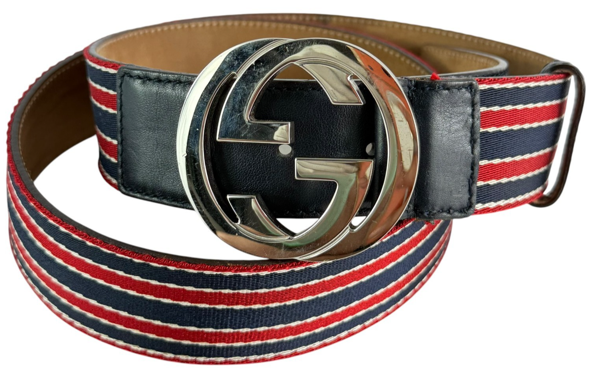 GUCCI 114984 Blue Red Nylon Web Interlocking GG Men's Belt Made in