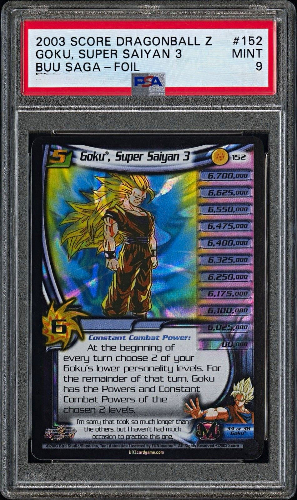 2003 SCORE Dragon Ball Z #152 Goku Super Saiyan 3 Buu Saga Full Foil PSA 9