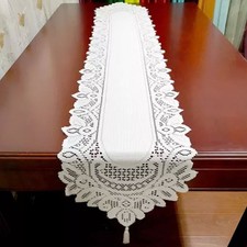 13"x70" White Vintage Embroidered Lace Table Runner Dresser Scarf Oval Doilies