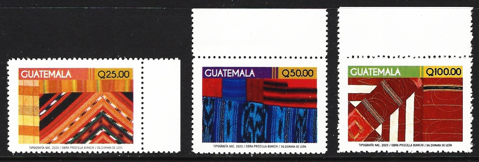 GUATEMALA 2020 YVERT 751A-C  TEXTILE HIGH VALUES DATED 2020 MINT NH