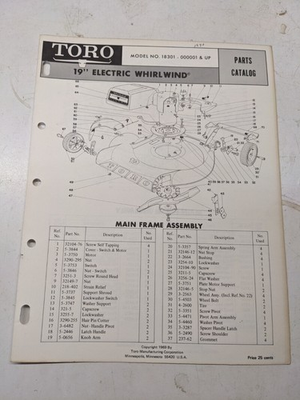 #ad #ad TORO PARTS CATALOG LIST BOOK MANUAL 19” ELECTRIC WHIRLWIND 18301 1969 MOWER LAWN $11.25
