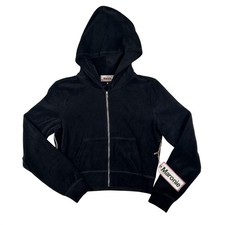 Maronie Hoodie Sweatshirt Womens Small Black Velour Full Zip Cropped Jacket