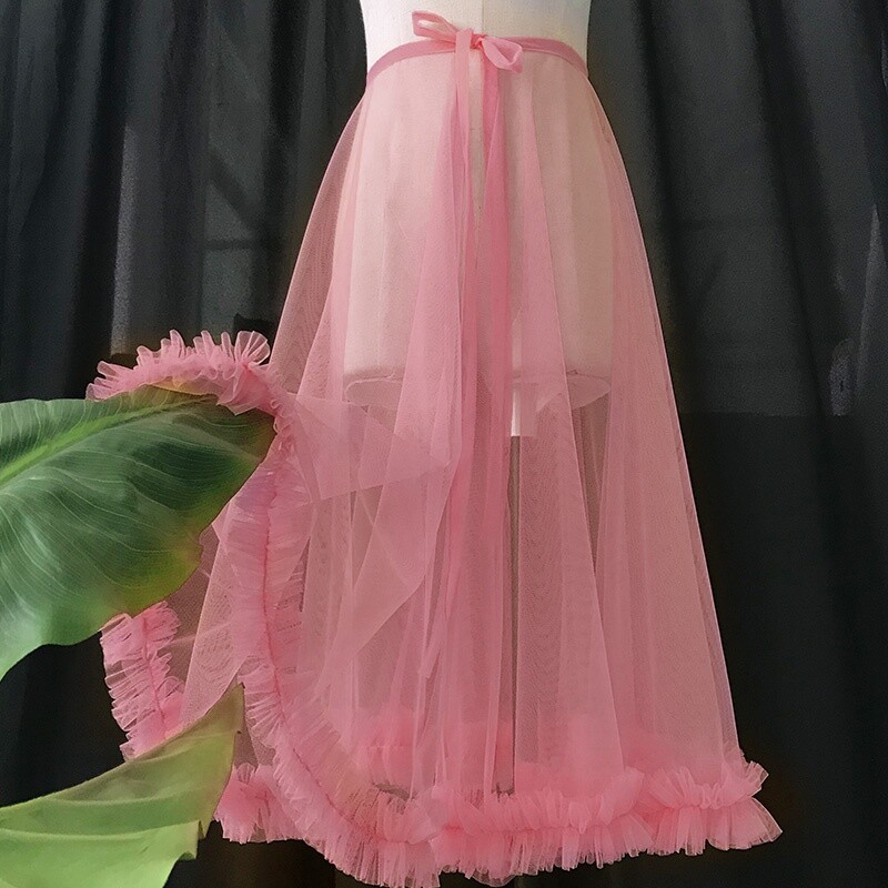 Women Lace Up Mesh Wrap Skirt Ruffled Tulle Lolita Overskirt