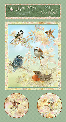 Garden Bird Flower Nest Cotton Fabric Garden Melodies #26224 SPX ~ 24''X44'' PANEL