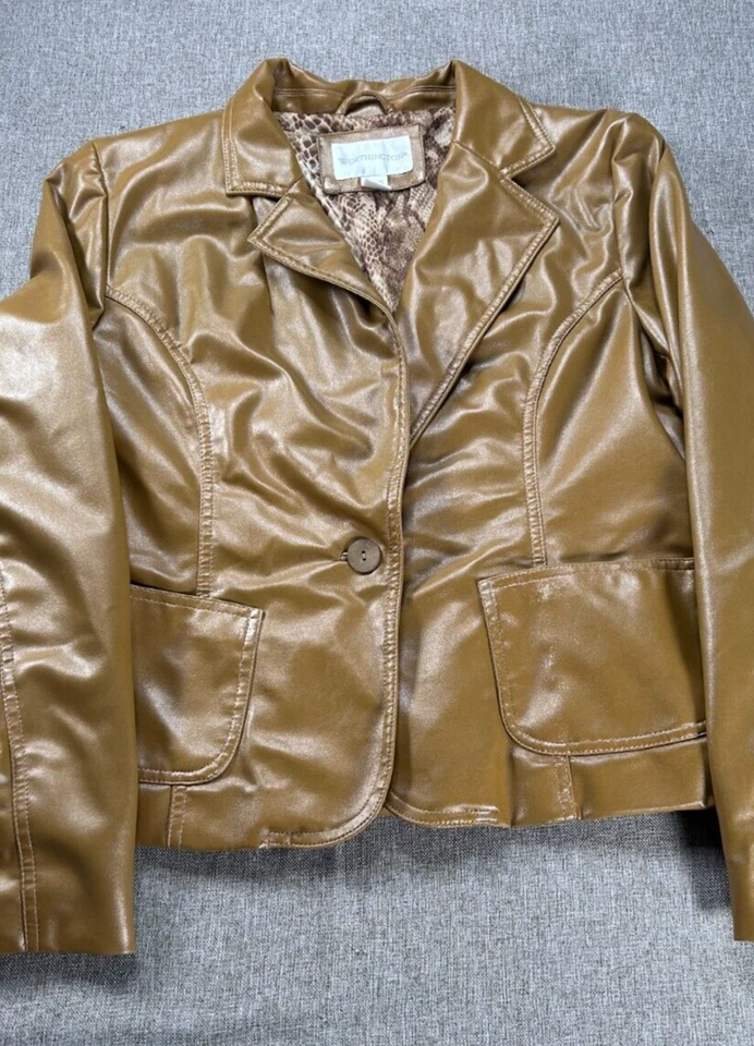Chaqueta Worthington de cuero sintético para mujer mediana marrón amarillo brillante bolsillos Foto 4 de 4