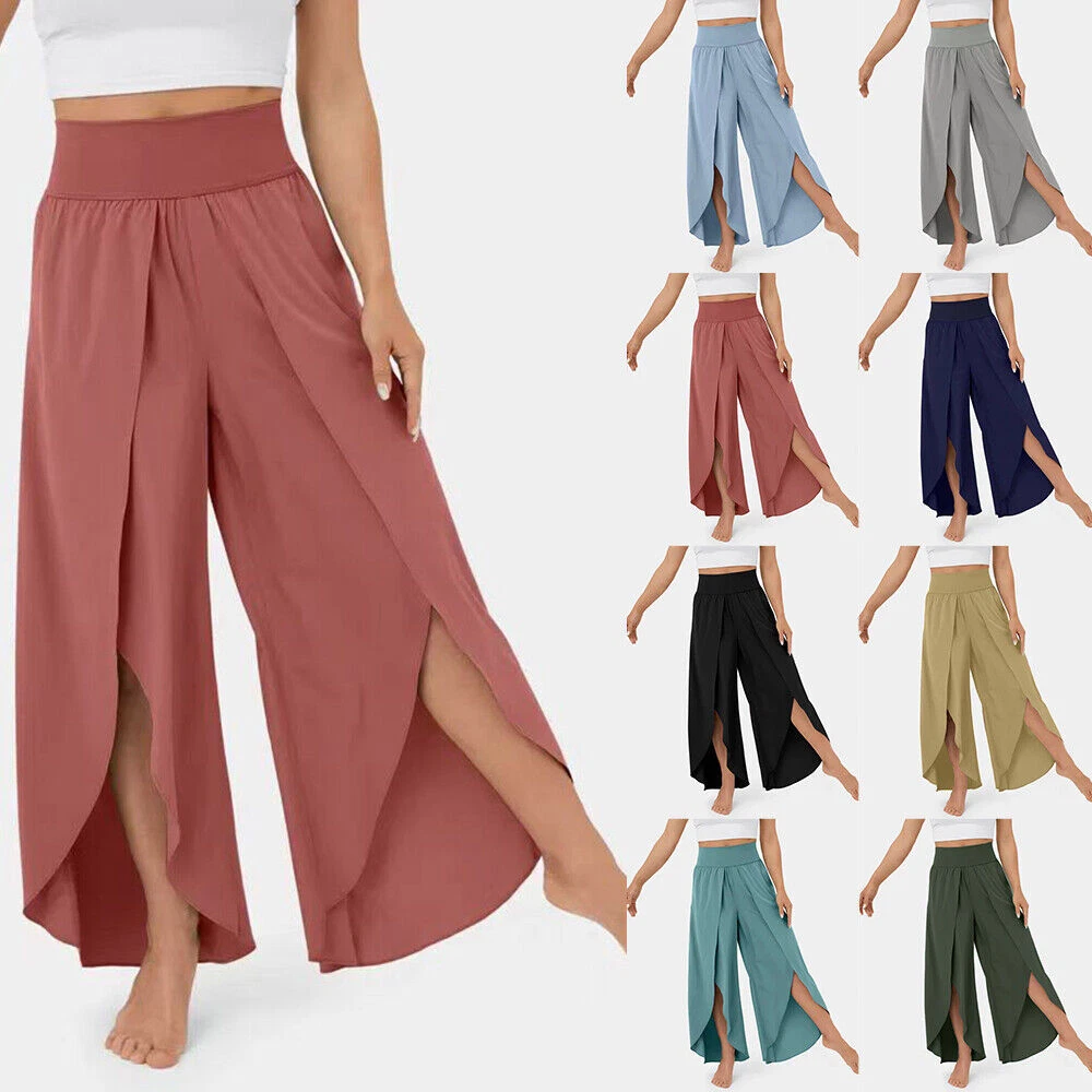 Plus Size Womens Wide Leg Split Yoga Pants Ladies Summer Loose Palazzo  Trousers