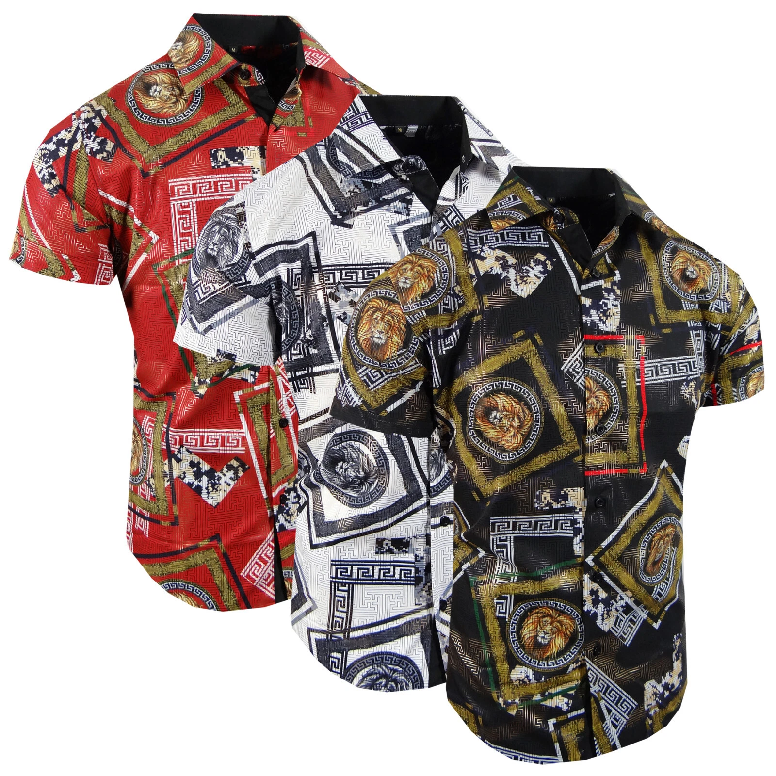 Men Short Sleeve Shirt Italian Lion Floral Gold Stripe Flip-Cuff Stretch Slim