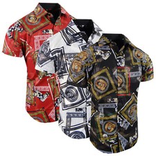 Men Short Sleeve Shirt Italian Lion Floral Gold Stripe Flip-Cuff Stretch Slim