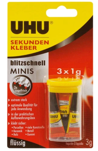 UHU Sekundenkleber blitzschnell Minis 3x1g Tuben flüssig Kleber extrem stark