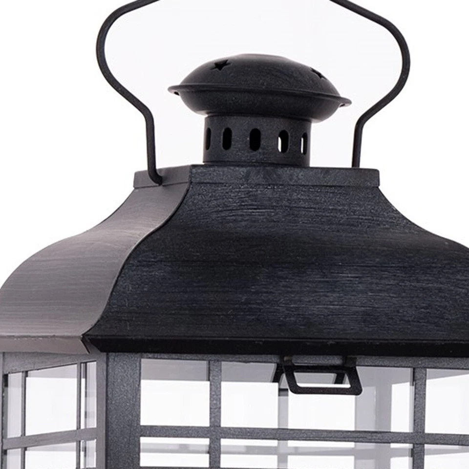 Juego de tres candelabros de linterna de piso geométrica de vidrio y metal grises Foto 4 de 4