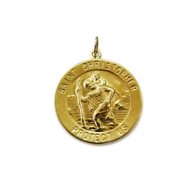14K Yellow Gold Round St Saint Christopher Medal Charm Necklace Pendant ~ 4.2