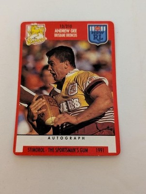 1991 Stimorol NRL Trading Card Andrew Gee Brisbane Broncos #13/210