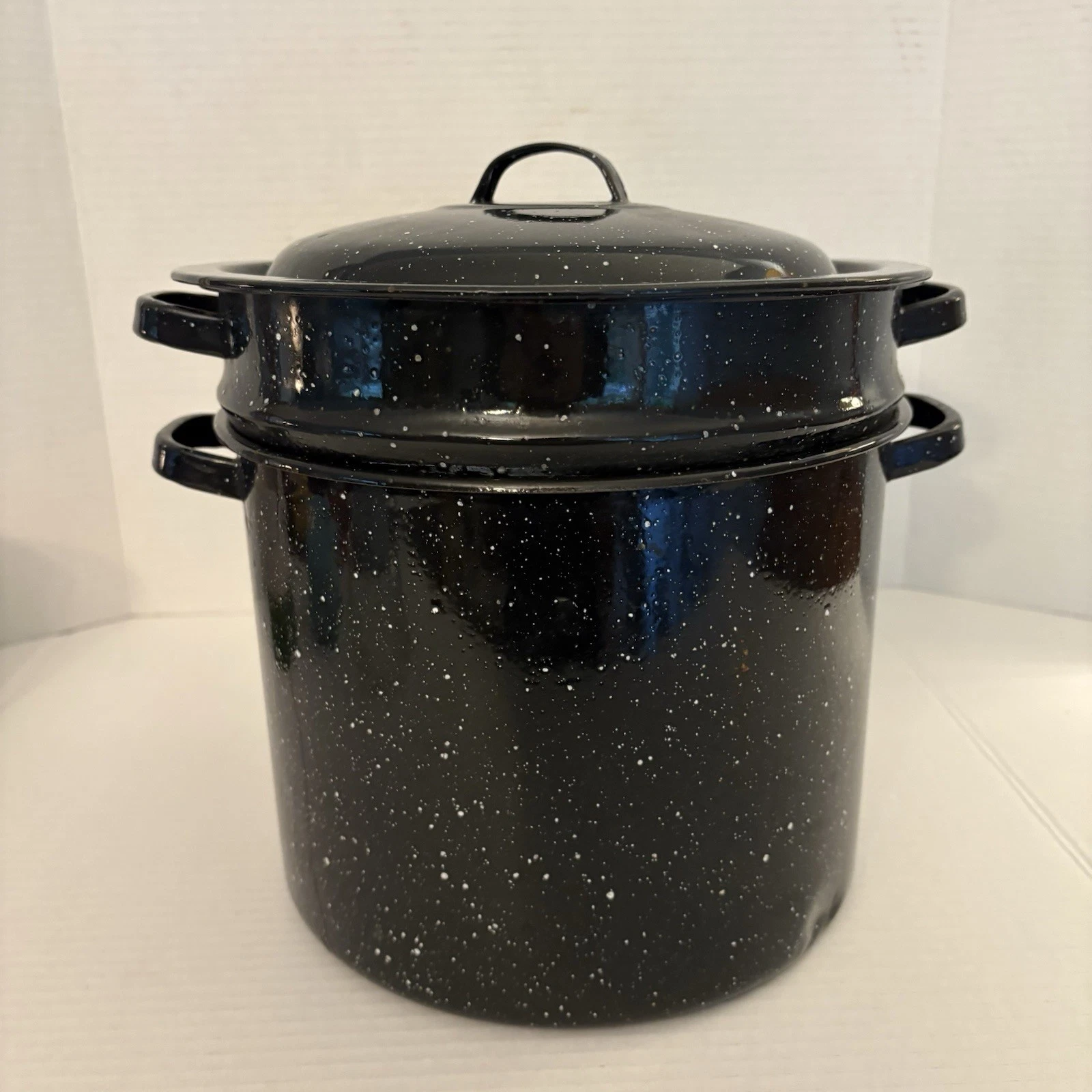 Graniteware Steamer Stock Pot Set Black Speckled Vintage. 9” 3 Piece Set