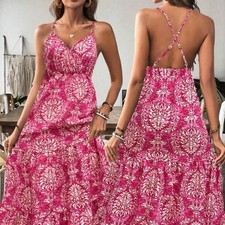 Women's Sleeveless Hot Pink Medallion Print Boho Maxi Dress Sz XL
