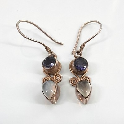 Sajen 925 Sterling Silver Amethyst Moonstone Teardrop Dangle Earrings Bali Boho