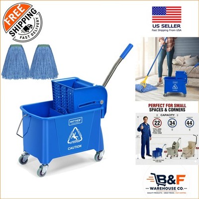 Blue 22 Quart Mop Bucket with Wheels and High-Efficiency Wringer - 2 Mop Heads