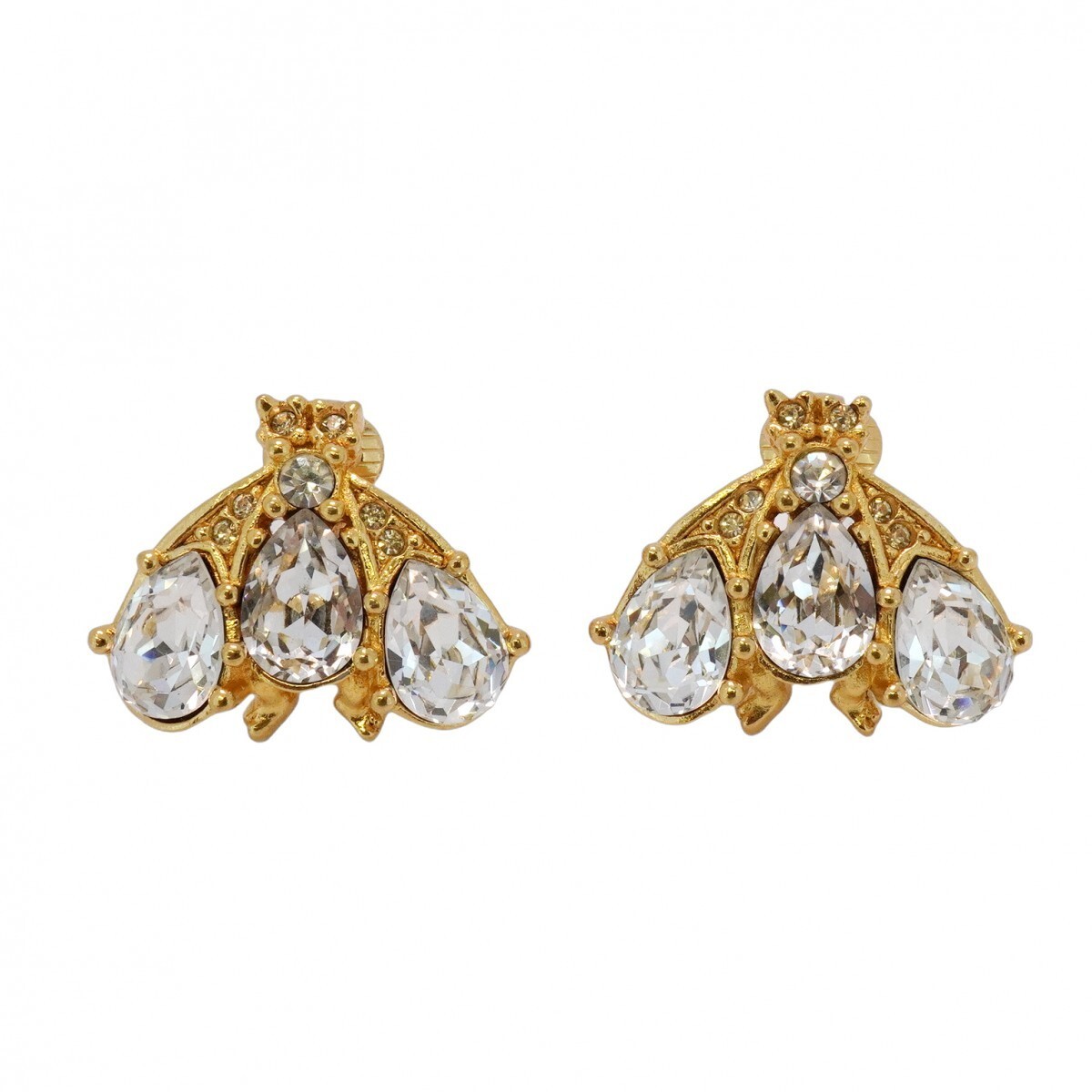 Christian Dior Bee GP Rhinestone Gold Plated Vintage Earrings Used