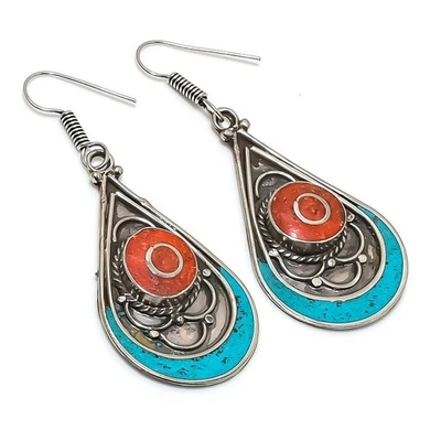 Boucles d'oreilles pierres précieuses turquoise corail rouge bijoux... - Photo 1/4