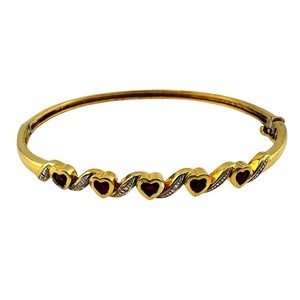 Authentic 925 Sterling Silver Gold Plated Rubies Diamonds Hearts Valentine Bangle Bracelet