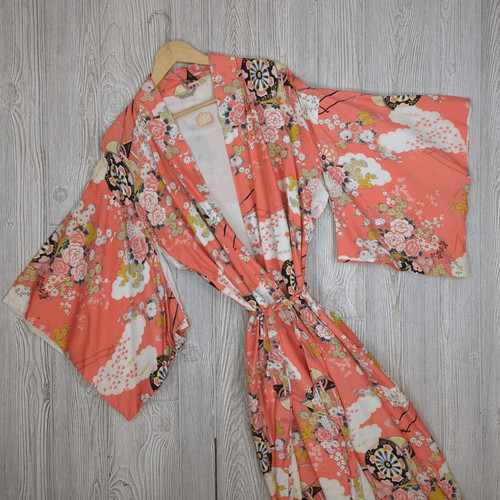 Authentic Vintage Handmade in Japan Coral White Pink Floral Kimono Robe