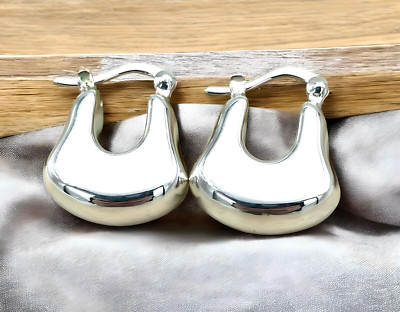 925 STERLING SILVER SIMPLE CHUNKY HOOP EARRINGS LIGHTWEIGHT LATCHBACK 1632