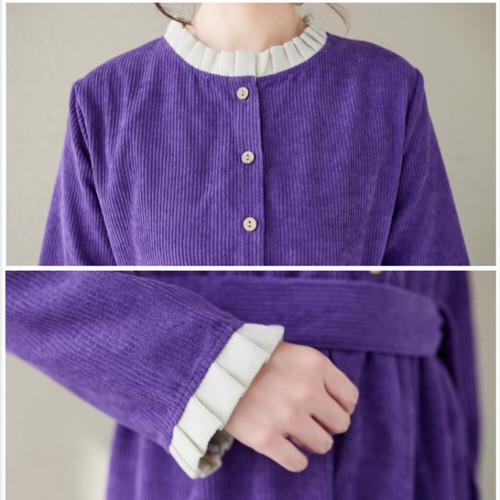 Women Retro Corduroy A-line Dress Ruffles Long Sleeve Midi Splice Dress Casual - Picture 8 of 13