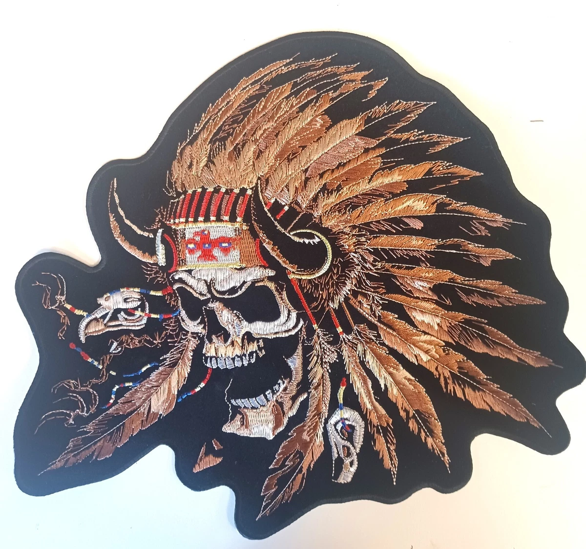BIKER INDIAN SKULL JACKET VEST BACK PATCH 12.0 X 10.75 INCH IRON ON SEW ON