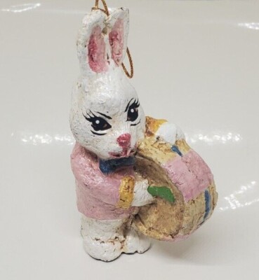 Hard Plastic Rabbit Ornament Standing Playing Band Drum Easter Hanging 4'' Tall