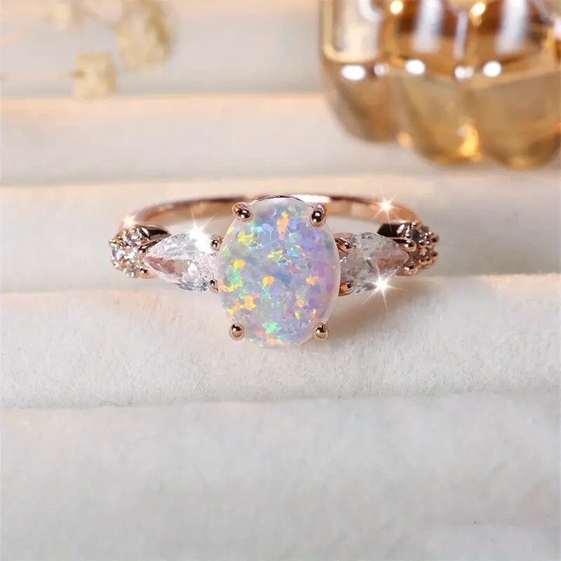 Womens Engagement Ring 14k Rose Gold Finish 3 Ct Oval Cut Simulated Fire Opal-image