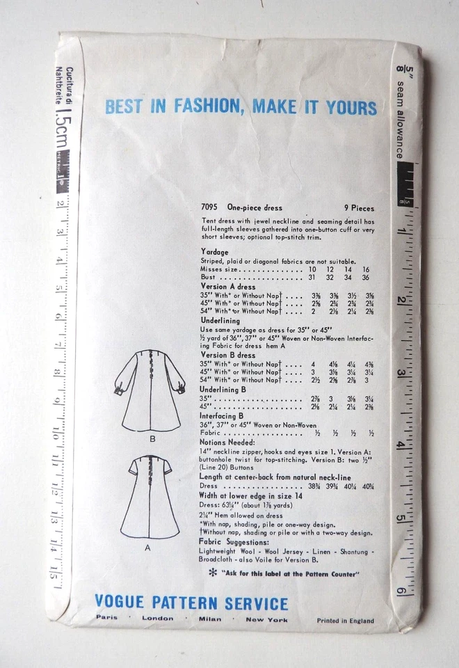 Vogue 7095 sewing pattern Tent Dress w/ panels sz 14 vintage CUT COMPLETE 1967 - Image 2 of 2
