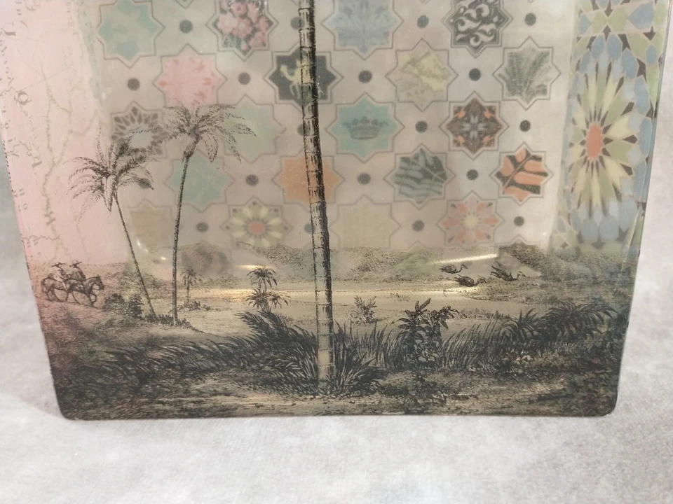 Jarrón rectangular de vidrio artístico con flecos Afrique Le Sahara palmera boho morisco Foto 2 de 4