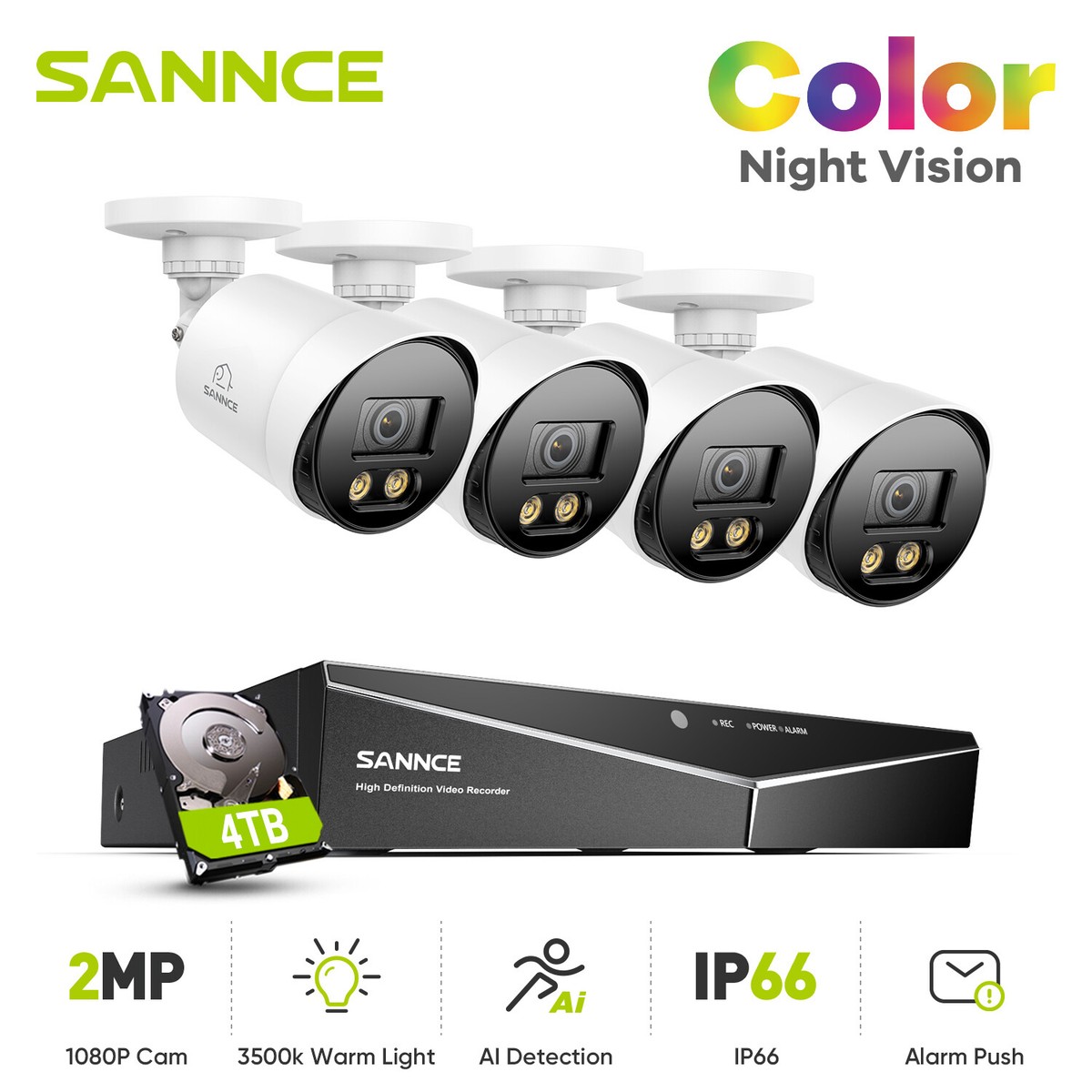 1080P SANNCE Color Night Vision CCTV Camera System 4CH 5IN1 DVR  Security