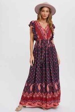 Bluivy Boho Paisley Print Surplice Maxi Dress