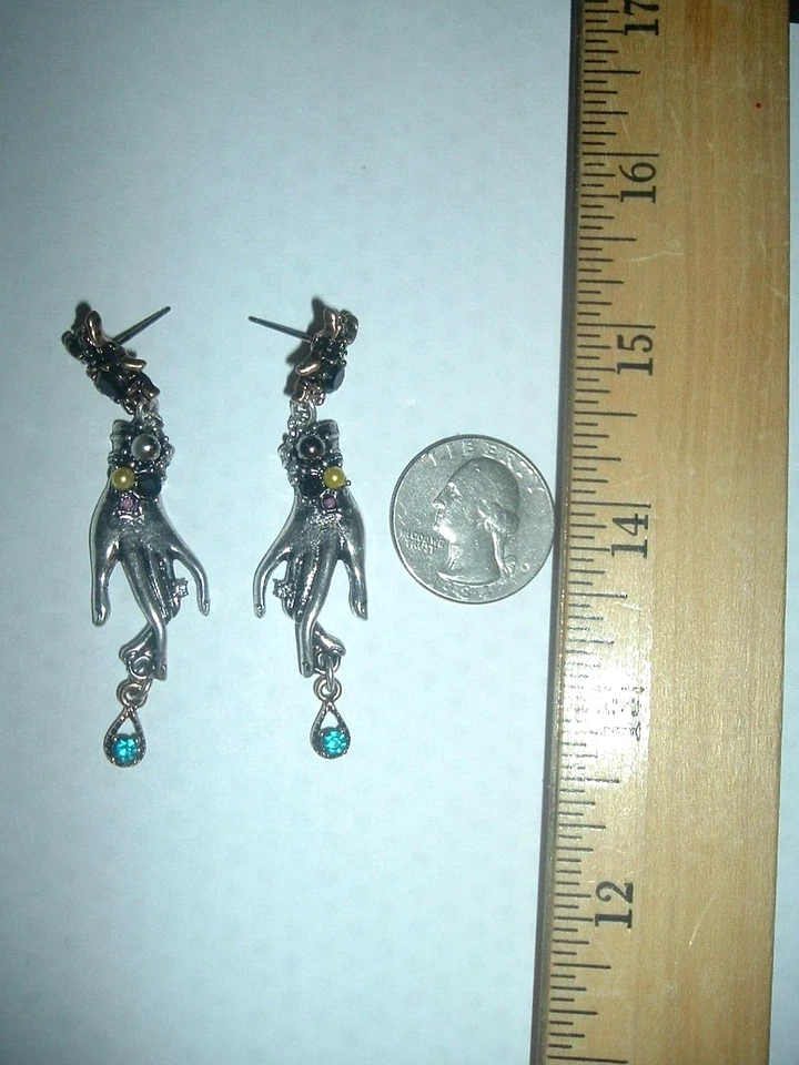 Silver Pearl + Crystal + Bug Dangling Hand Betsey Johnson Pierced Earrings-NWT - Image 4 of 4