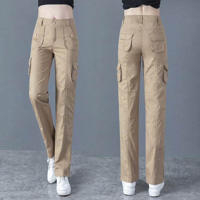 Lady Cargo Pocket Long Pants Combat High Waist Straight Leg Trousers Slim Casual eBay