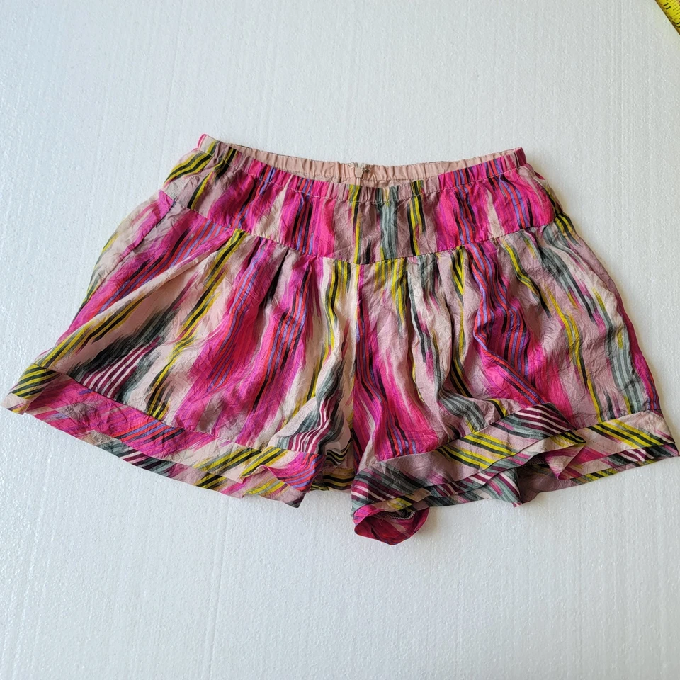Pantalones Cortos Rosa Verde Rayas 100% Seda Talla M Tiro Alto Ligeros Cremallera Trasera Foto 3 de 4