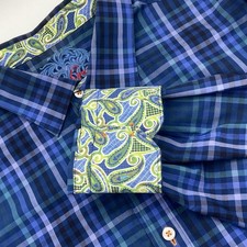 Robert Graham Blue Plaid Shirt Green Paisley Flip Cuffs Contrast Collar Sz L