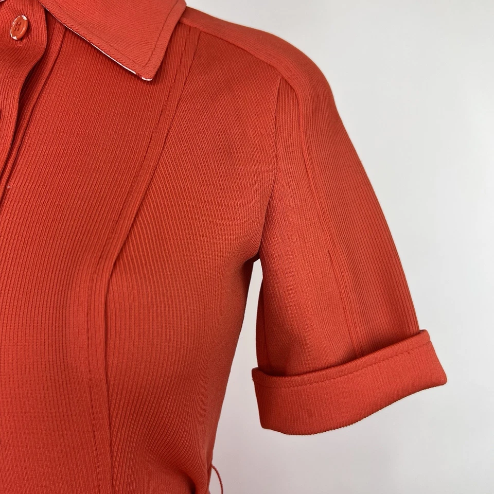1960s Dress Vintage Mod Ribbed Knit Coral Orange Belted Button Front Butte Knit - Image 3 of 4
