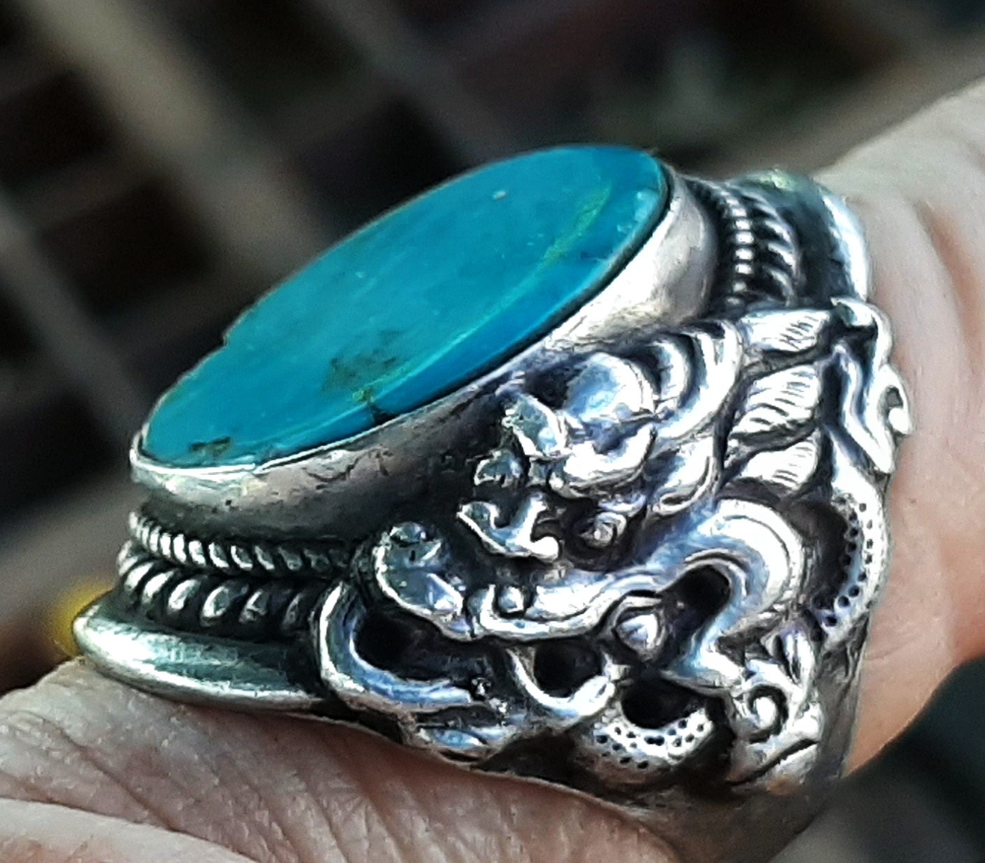 Bague tibétaine argent massif véritable turquoise himalayenne femme homme
