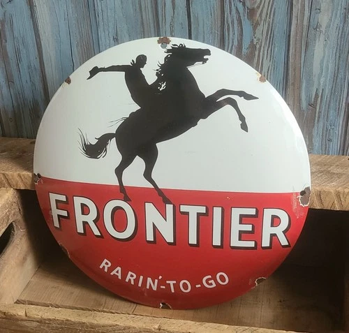Vintage Frontier Gas Porcelain Metal Domed Sign Cowboy on Rearing Horse